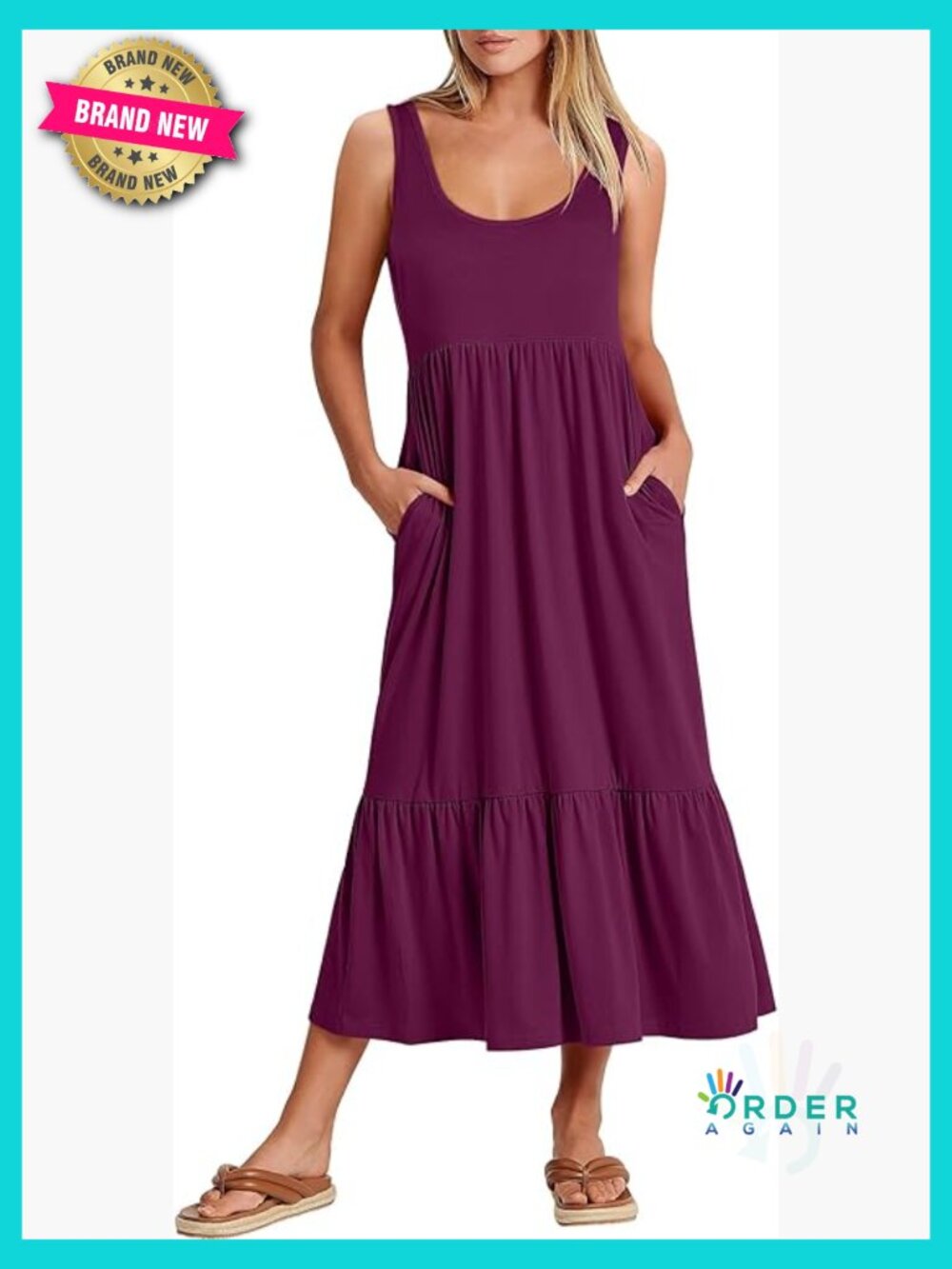 Sleeveless Maxi Sundress Swing Casual Flowy Tiered Smocked Bodice Pockets Beach